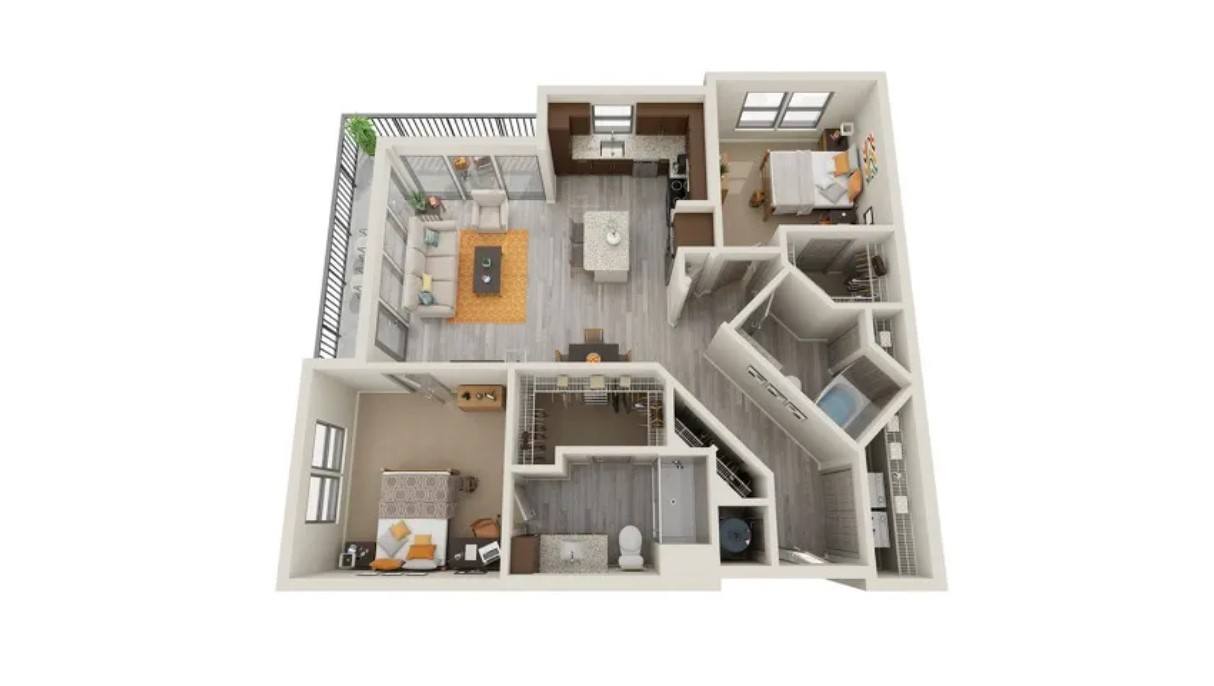 Floor plan for 2 beds, 2 baths, 1097 sqft